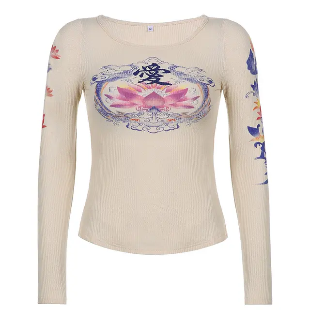 Heart Print Round Neck Low Cut Long Sleeve T shirt Women Skin Tone - Shop at LoveMi