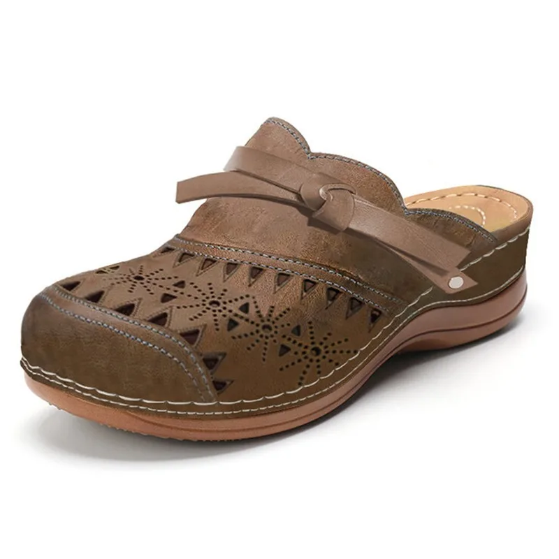 Plus Size Women's Shoes Bow Hollow Toe Flat Sandals Brown - Shop at LoveMi