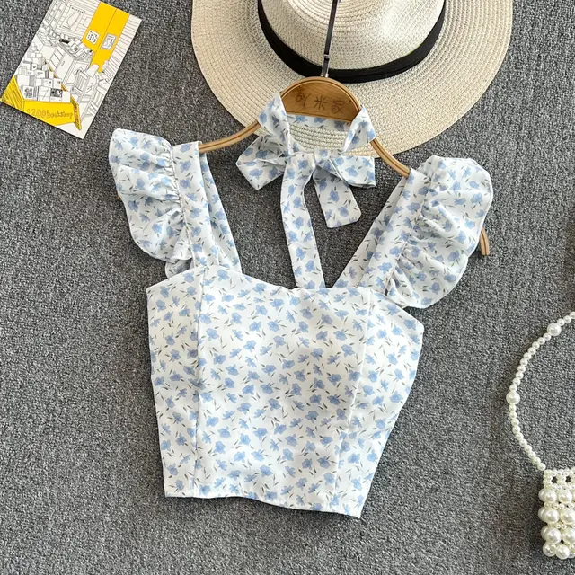 Western style Girls Slim Sleeveless Square Neck Floral Top Women Blue - Shop at LoveMi
