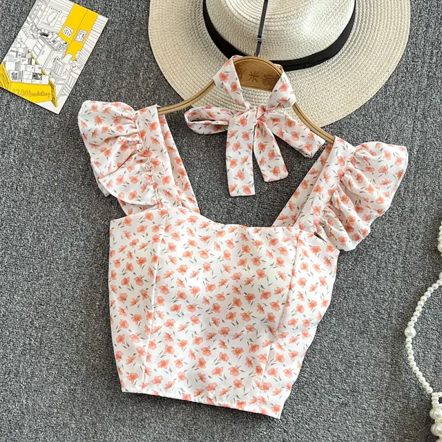Western style Girls Slim Sleeveless Square Neck Floral Top Women Orange - Shop at LoveMi