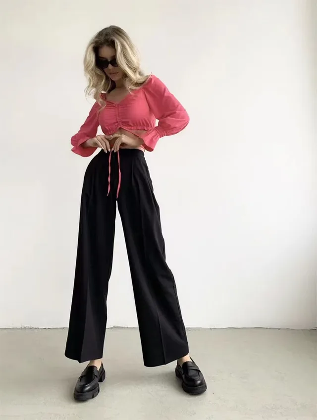 Casual Straight Leg Solid Elastic Waist Trousers Black - Shop at LoveMi