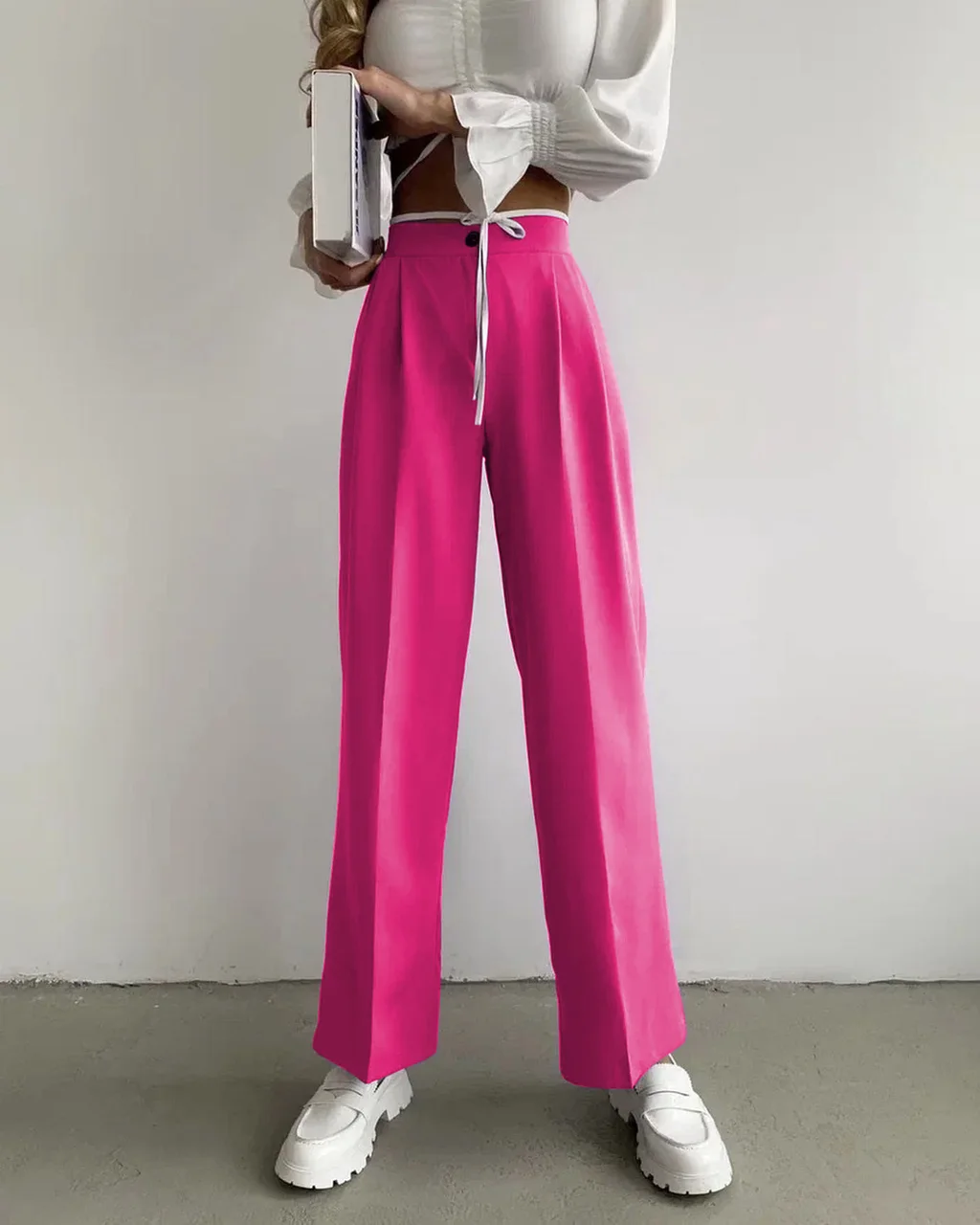 Casual Straight Leg Solid Elastic Waist Trousers - Pink