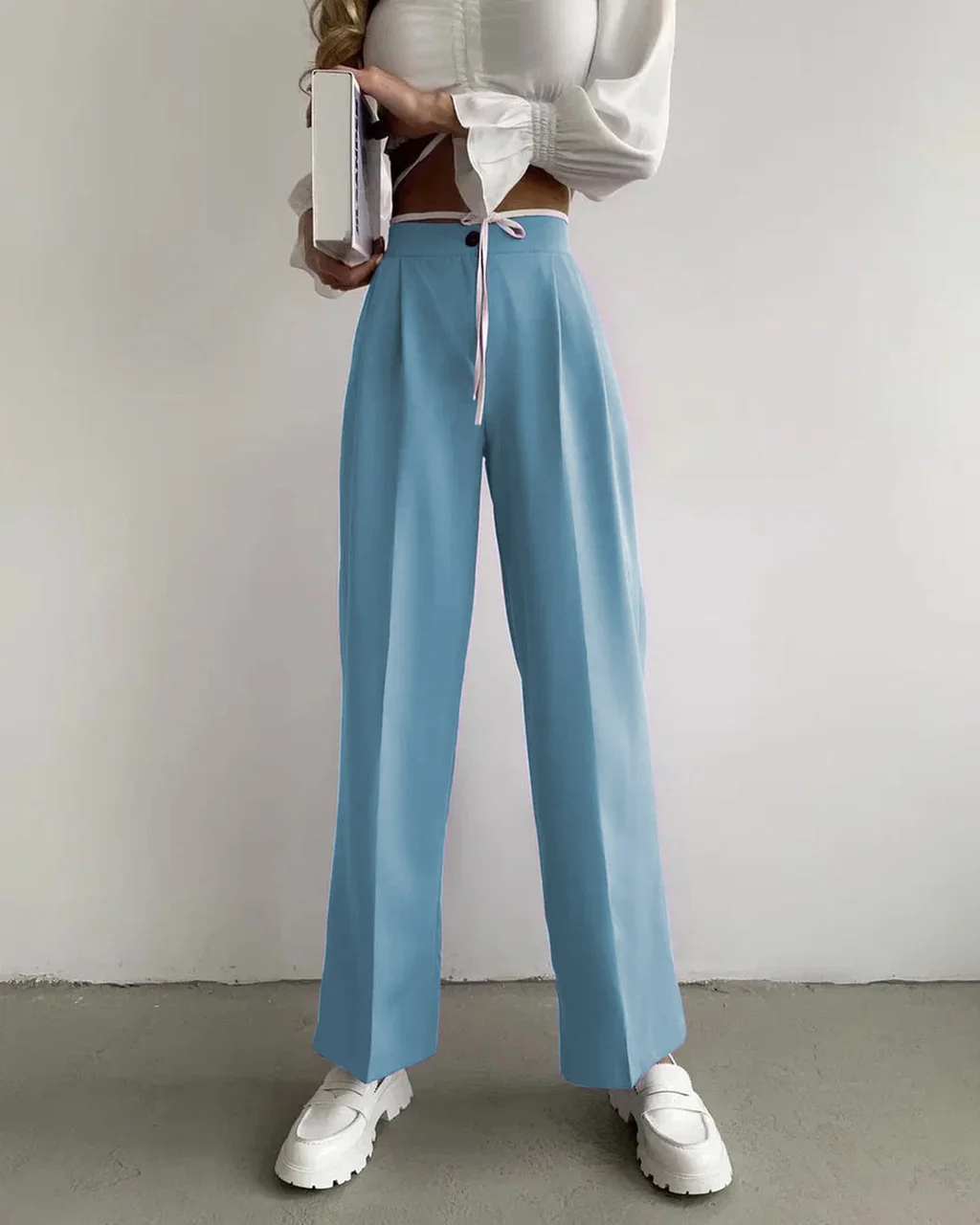 Casual Straight Leg Solid Elastic Waist Trousers - Sky Blue
