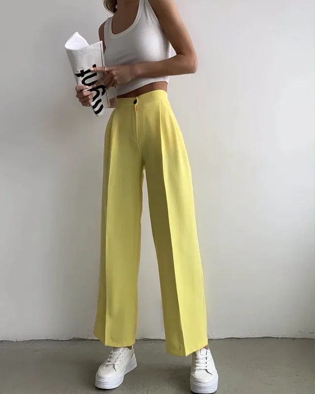 Casual Straight Leg Solid Elastic Waist Trousers Yellow - Shop at LoveMi