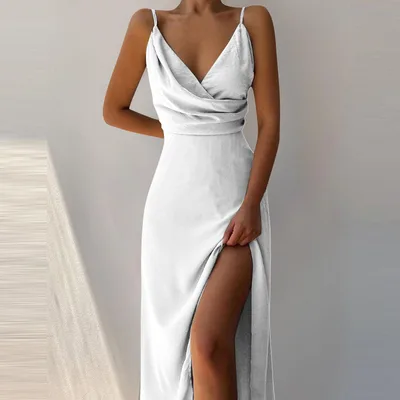 V neck Slit Sling Dress Summer Fashion Sexy Slim Suspender Dresses For Women Clothing White - Shop at LoveMi