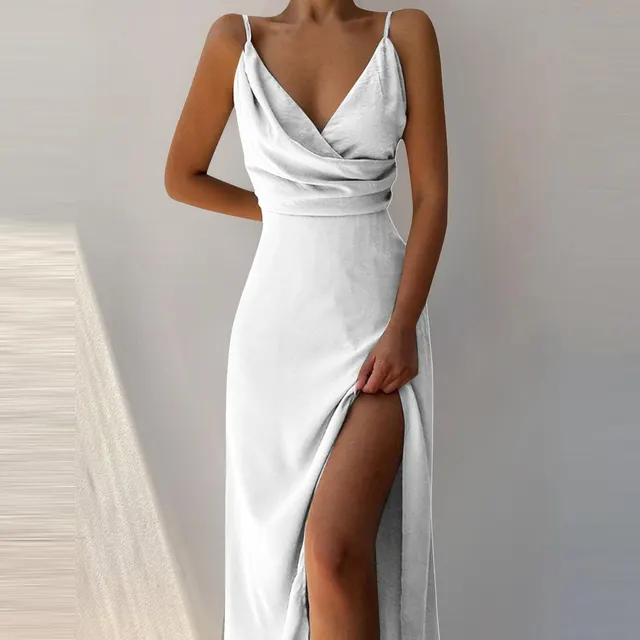 V neck Slit Sling Dress Summer Fashion Sexy Slim Suspender Dresses For Women Clothing White - Shop at LoveMi