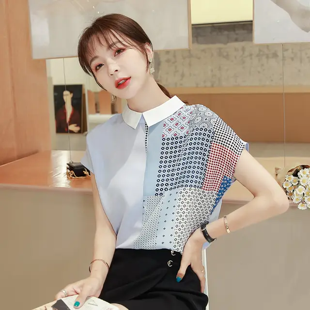 Women's Short Sleeve Loose Printed Chiffon Shirt Color - Shop at LoveMi