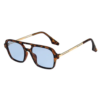 Vintage Double Bridge Cutout Square Sunglasses Leopard Blue - Shop at LoveMi