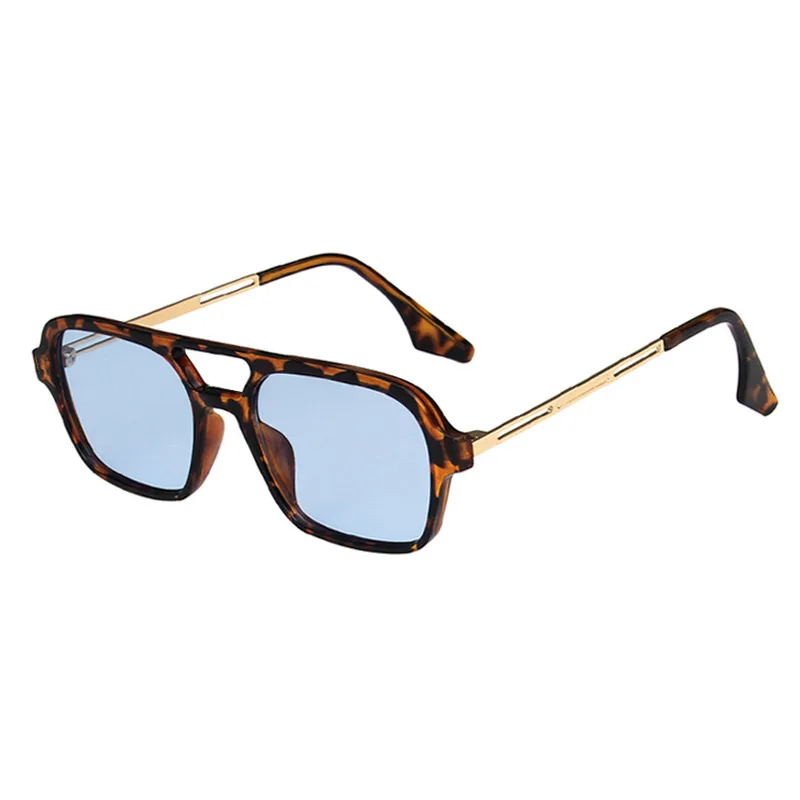 Vintage Double Bridge Cutout Square Sunglasses - Leopard Blue