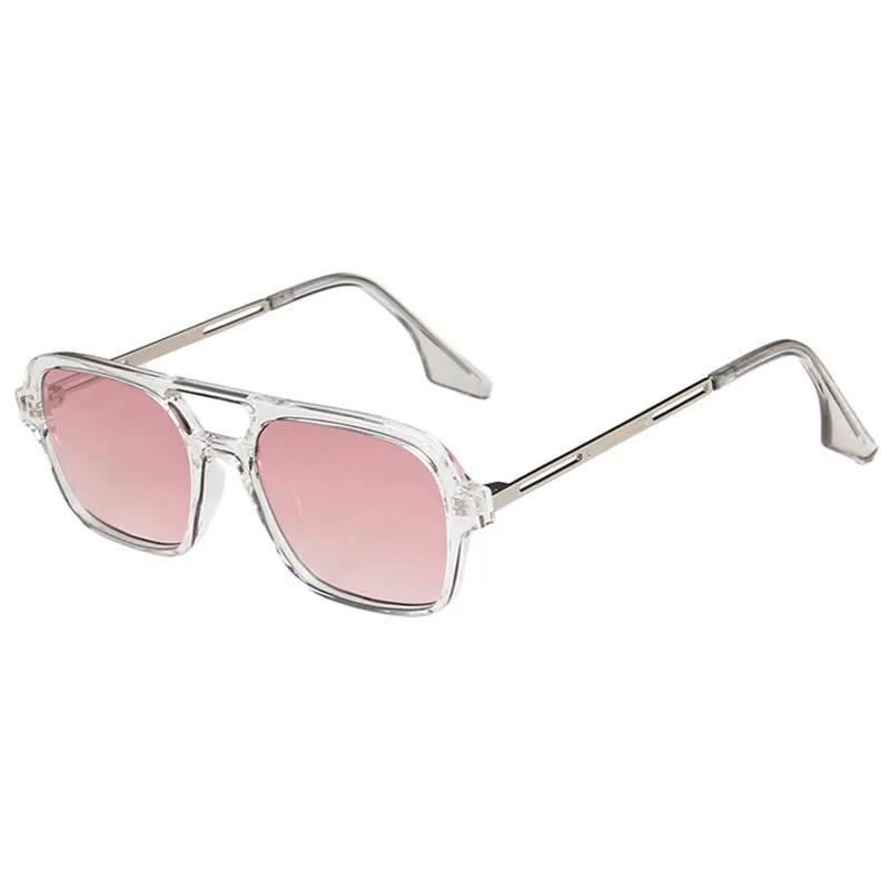 Vintage Double Bridge Cutout Square Sunglasses - Transparent White Pink
