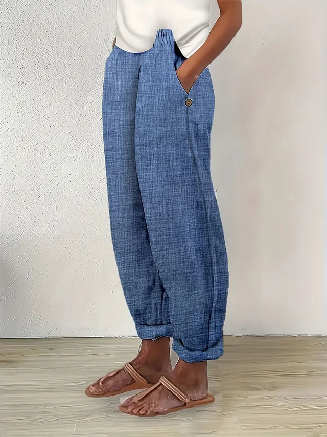 Women's Temperament Commuter Cotton Linen Straight Pocket Casual Pants Navy Blue - Shop at LoveMi