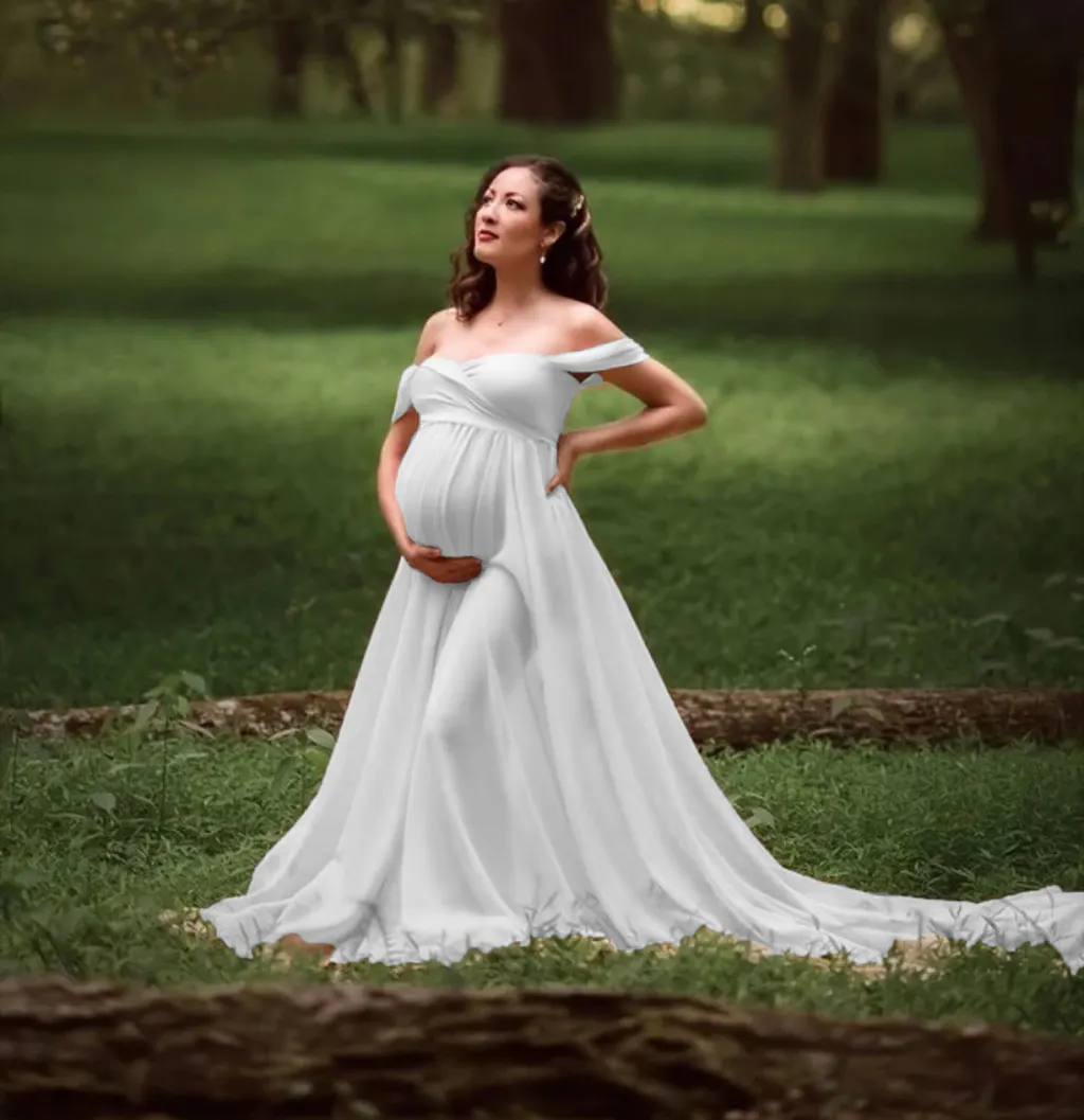 Pregnant Women Fluttering Tail Sleeve Long Dress - White