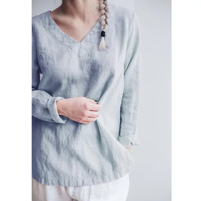 Women's Pure Linen V Neck Long Sleeve Top Light Blue - Shop at LoveMi