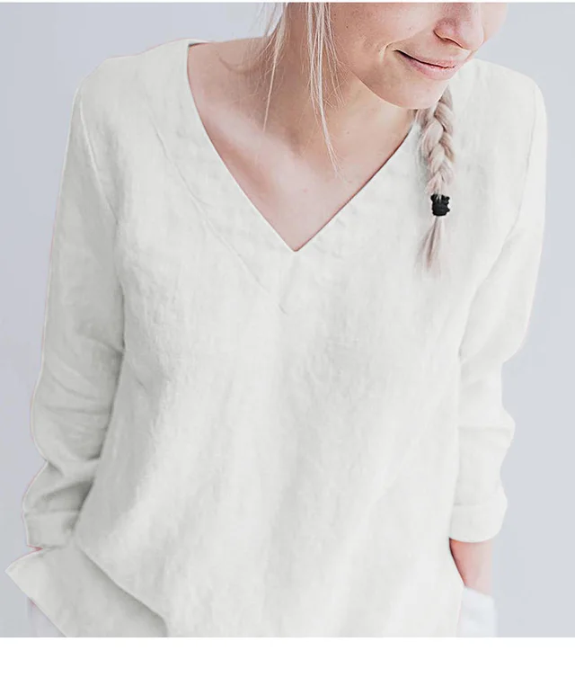 Women's Pure Linen V Neck Long Sleeve Top White - Shop at LoveMi