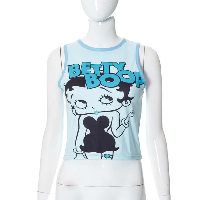 Sleeveless Portrait Print Cropped Casual Crew Neck Slim Racer Tank Top Blue - Shop at LoveMi