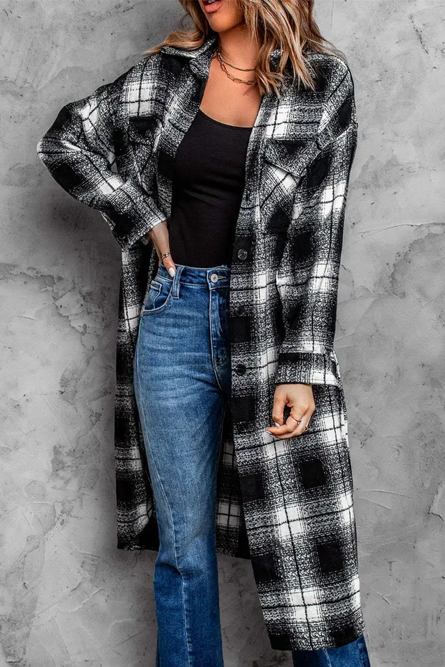New Women's Mid length Loose Lapel Cardigan Plaid Shirt Black - Shop at LoveMi