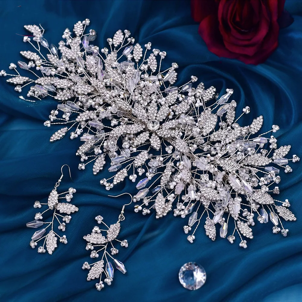 Gold Luxurious Exaggerated Creative Bridal Hair Accessories - Silver Tiara And Earrings