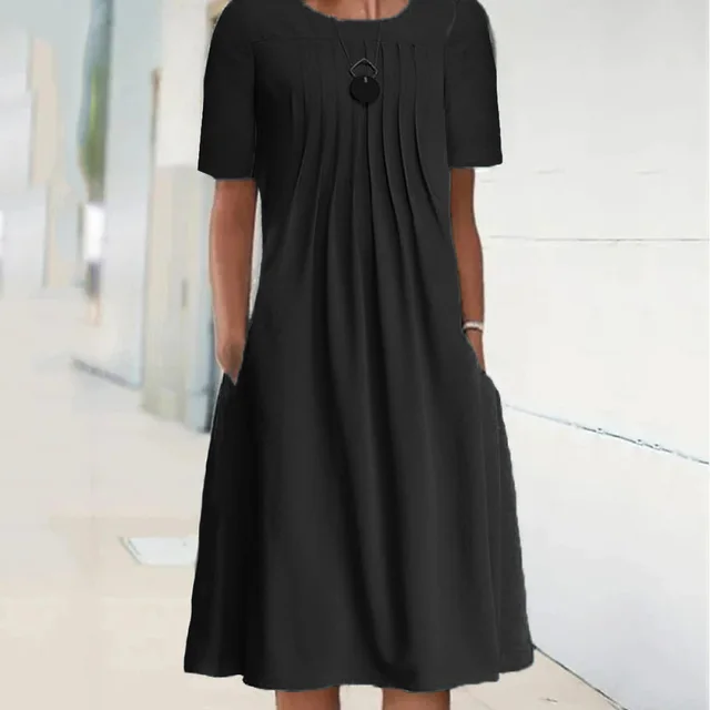 Solid Color Round Neck Pullover Short Sleeve Midi Dress Women's Black - Shop at LoveMi