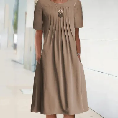 Solid Color Round Neck Pullover Short Sleeve Midi Dress Women's Brown - Shop at LoveMi