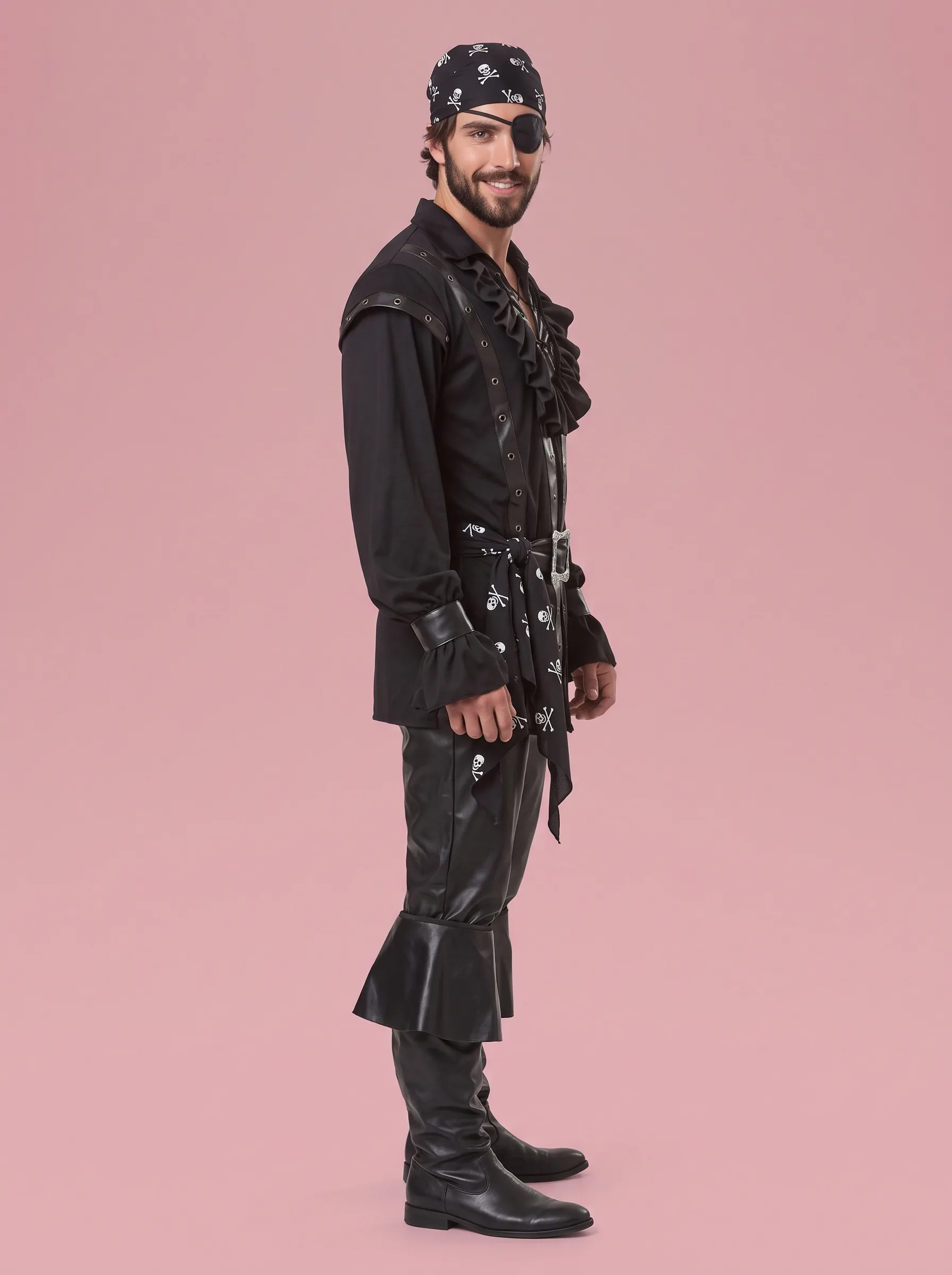 Pirate Costume with Head Scarf, Top and Pants for Men - Black - View 2