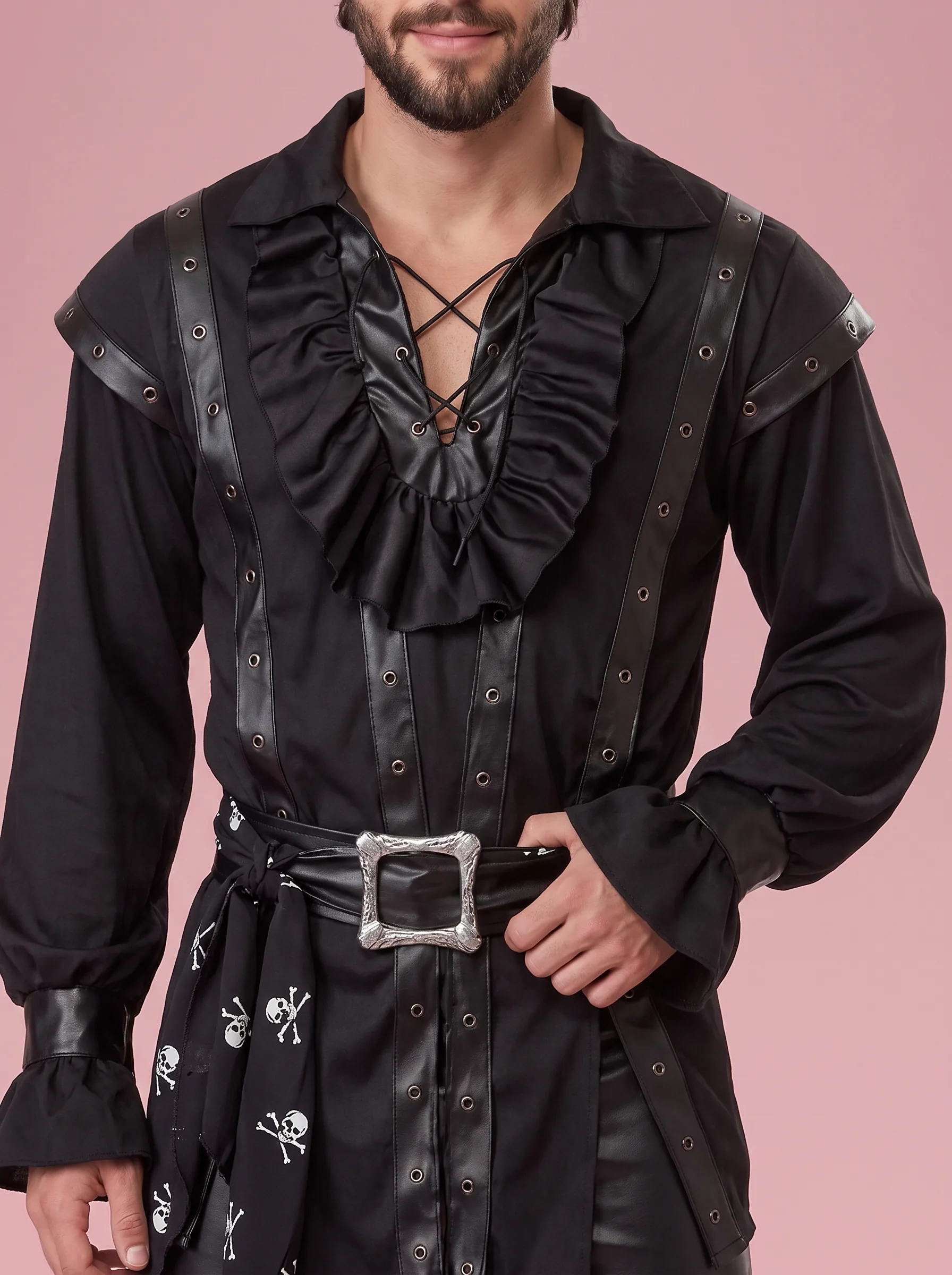 Pirate Costume with Head Scarf, Top and Pants for Men - Black - View 3