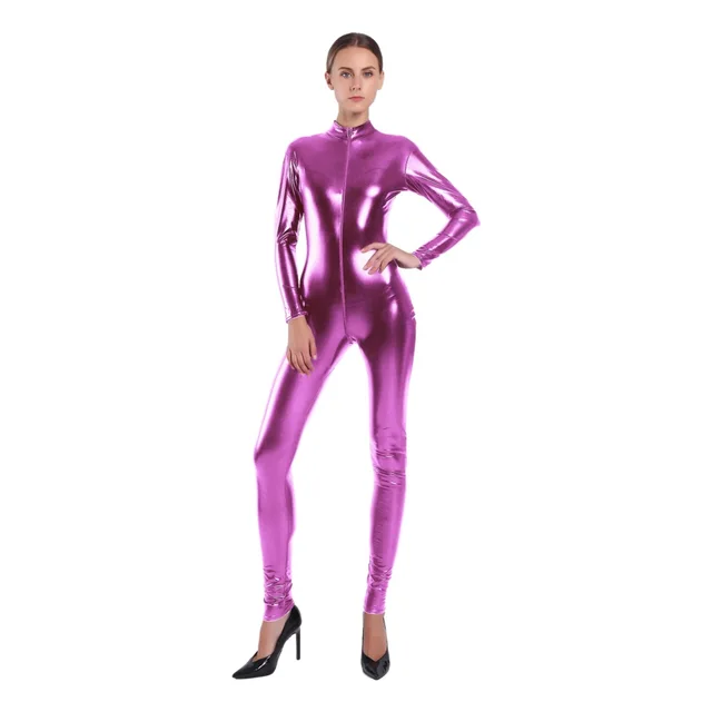 Women's Rubberized Faux Leather Shiny Bodysuit Rose Red - Shop at LoveMi