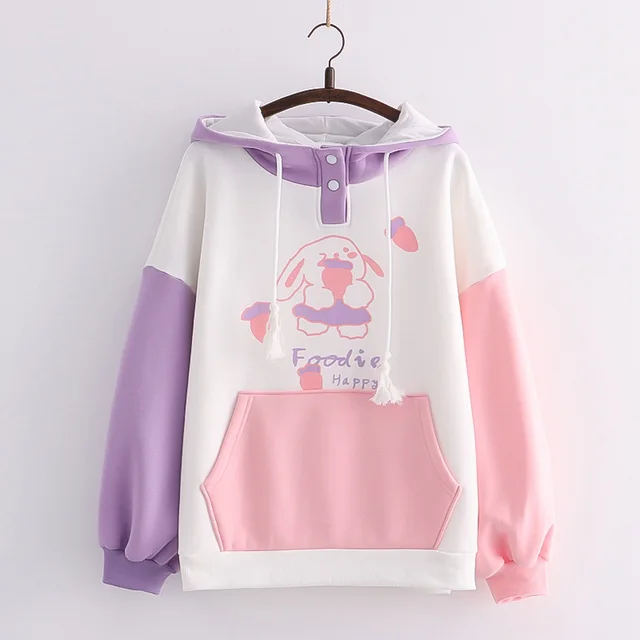 Women's Colorblock Large Pocket Print Hooded Fleece Sweatshirt Pink Pocket - Shop at LoveMi