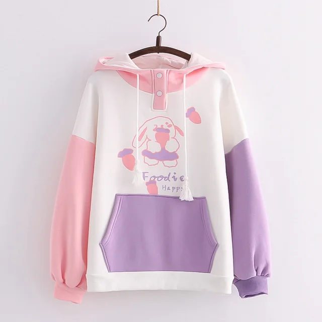 Women's Colorblock Large Pocket Print Hooded Fleece Sweatshirt Purple Pocket - Shop at LoveMi