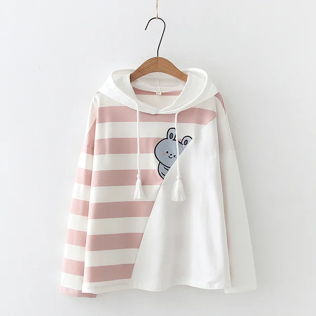 Sweet Cartoon Striped Print Sweatshirt Hoodie Pink - Shop at LoveMi
