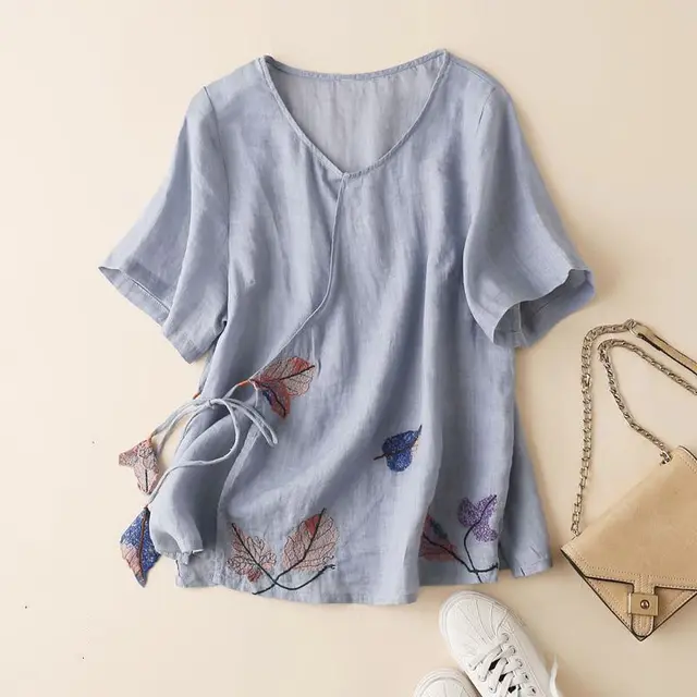 Leaf embroidered Diagonal lace Cotton And Linen Shirt Light Blue - Shop at LoveMi