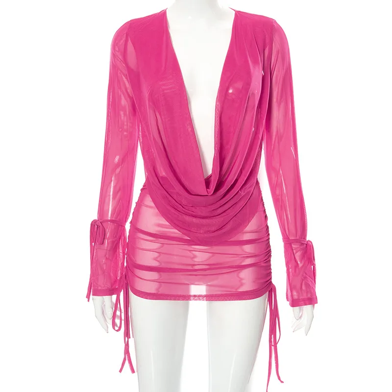Solid Color Deep V Pile Neck Mesh Perspective Ruched Two Piece Set Rose Red - Shop at LoveMi