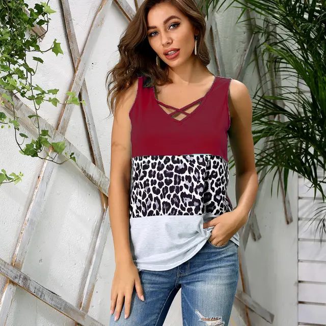 Sleeveless Leopard Panel V Neck Top Wine Red - Shop at LoveMi