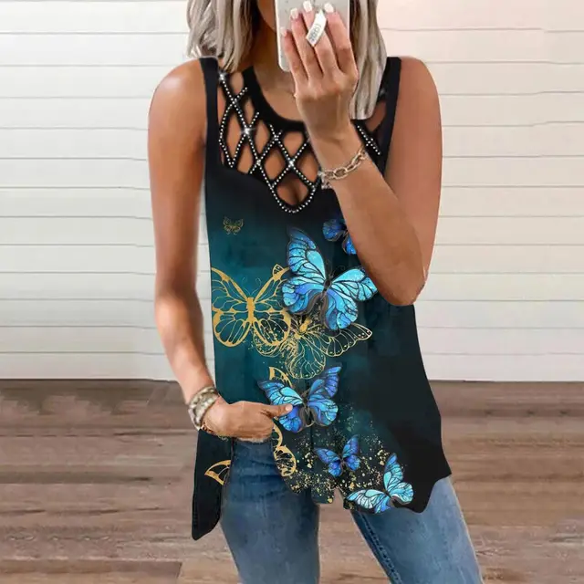 Women's Hollowed Out Hot Drilled Sleeveless Vest Print Tshirt Blue Butterfly - Shop at LoveMi