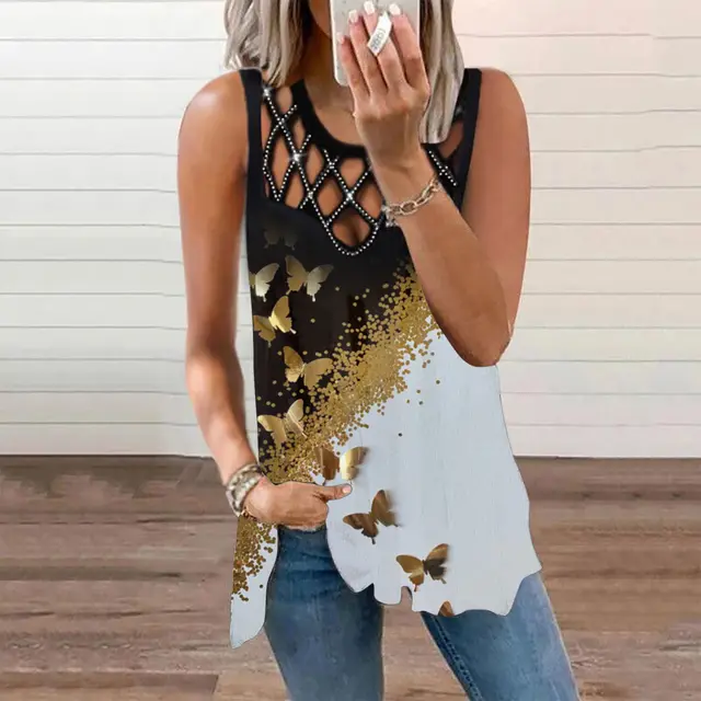 Women's Hollowed Out Hot Drilled Sleeveless Vest Print Tshirt Golden Butterfly - Shop at LoveMi