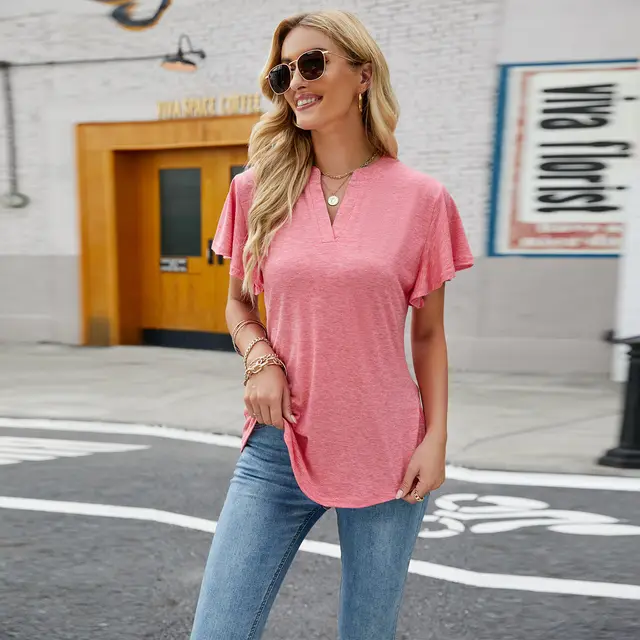 Women's V Neck Flying Sleeve Swallowtail T Shirt Short Sleeved Top Pink - Shop at LoveMi