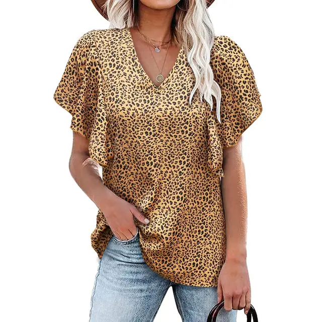 V Neck Floral Pleated Shirt Casual Short Sleeve Loose Top Khaki - Shop at LoveMi