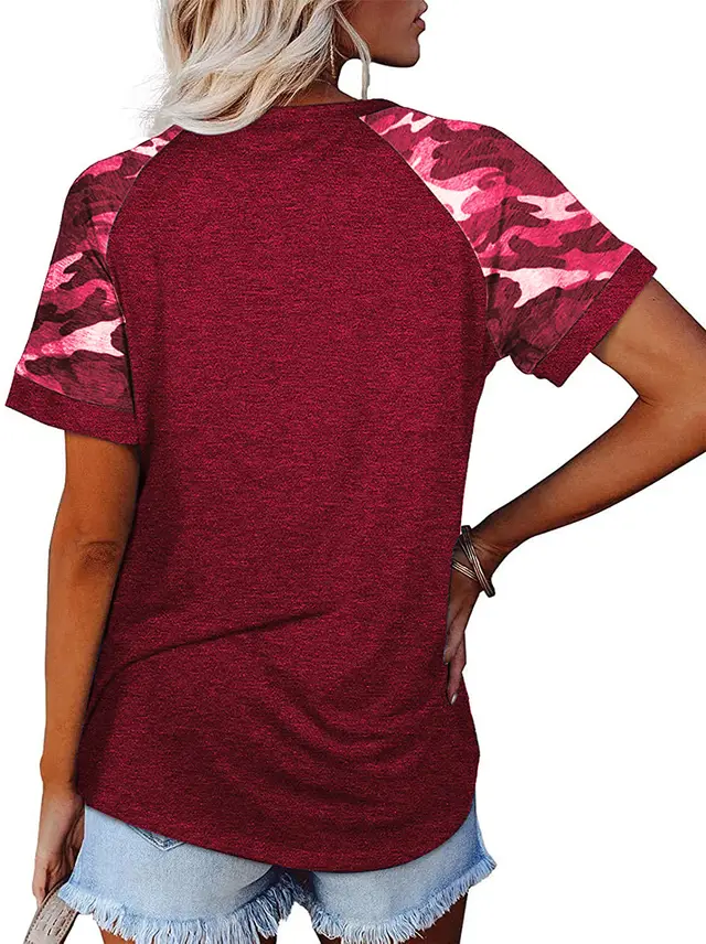Camouflage Print Round Neck Short Sleeve T Shirt Top Women Wine Red - Shop at LoveMi