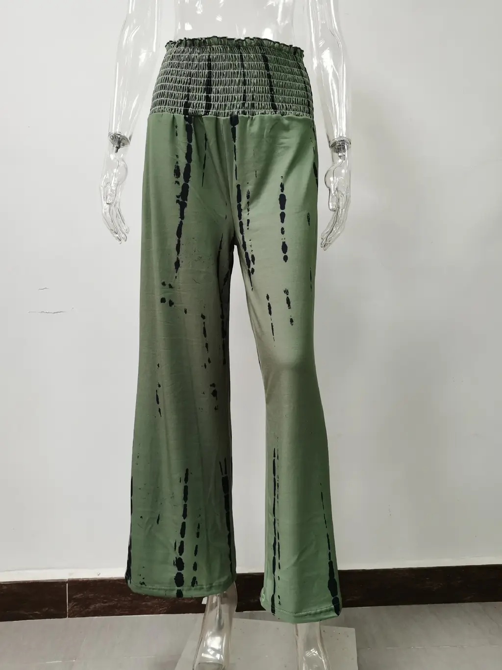 Elasticized High Waist Pocket Wide Leg Casual Pants - Green