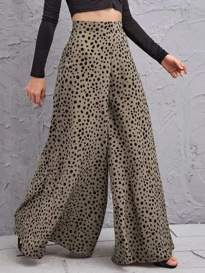 Loose High Waist Leopard Print Drape Trousers Swing Leg Pants Green - Shop at LoveMi