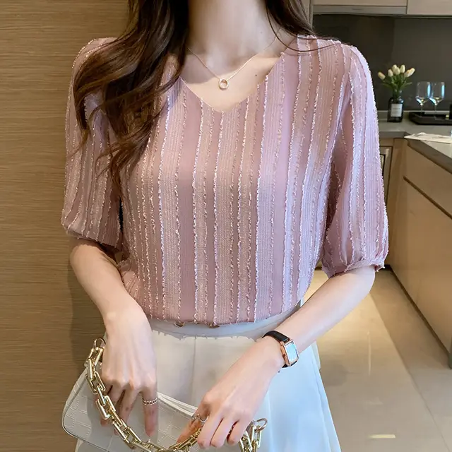 Ladies' New V neck Pullover Fashion Slim Shirt Pink - Shop at LoveMi