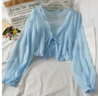 Women's Short Bow Tie With Fungus Edge Small Shawl - Blue