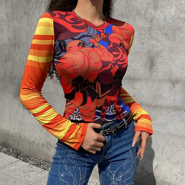 Personalized Abstract Print V Neck Long Sleeve T Shirt Slim Fit Bottoming Top Orange - Shop at LoveMi