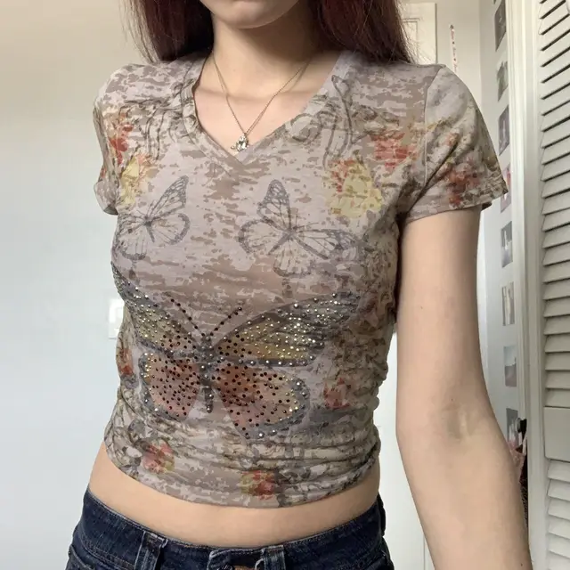 European And American Women's Dress Butterfly Hot Diamond Fashion T Shirt Khaki - Shop at LoveMi