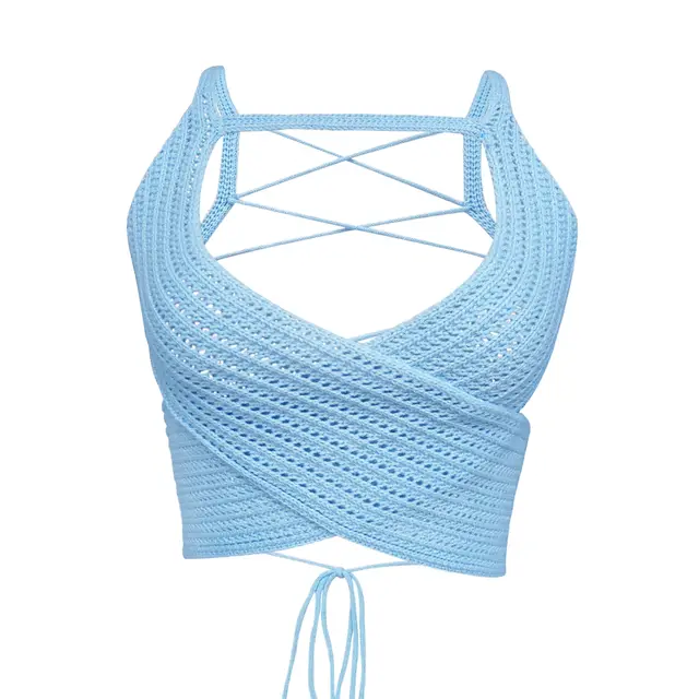 Women's Summer Fashion Wrap Chest Strap Sweater Top Blue - Shop at LoveMi