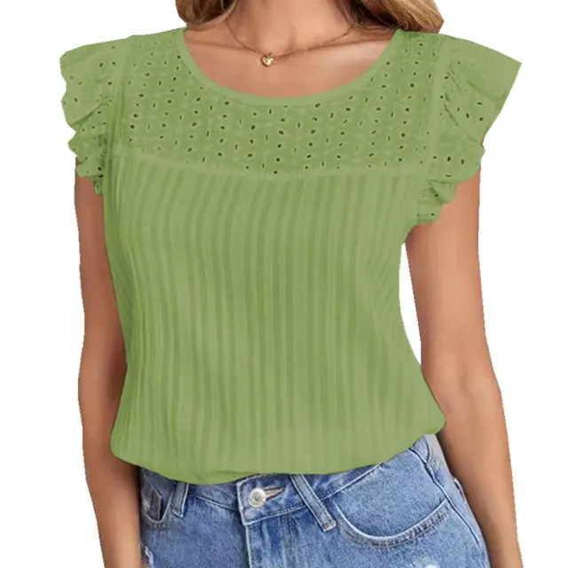 Women's Patchwork Sleeveless Ruffled T shirt Green - Shop at LoveMi