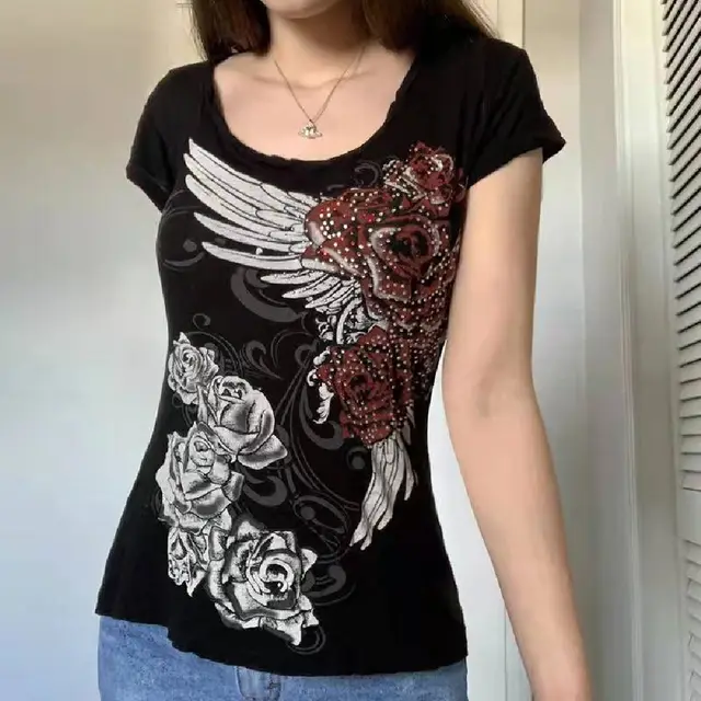 Printed Vintage Floral Top Diamond Short Sleeves Black - Shop at LoveMi