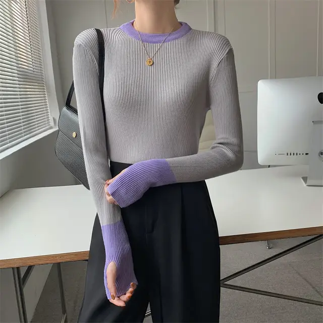 Women's Contrast Sweater Design Knit Top Light Grey - Shop at LoveMi