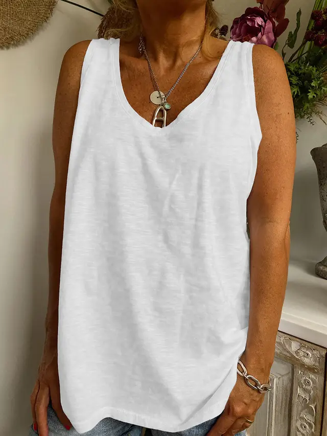 New V Neck Solid Color Casual Loose Ladies Vest White - Shop at LoveMi