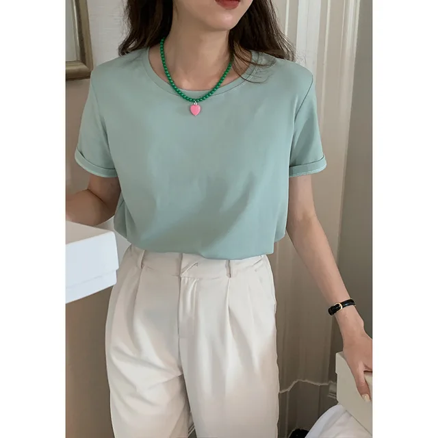 Women's Solid Color Round Neck Loose And Slim Short Sleeve T shirt Water Green - Shop at LoveMi