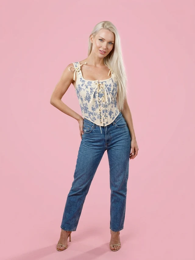 French Orchid Print Strap Fishbone Corset Cropped Tank Top Big Orchid - Shop at LoveMi